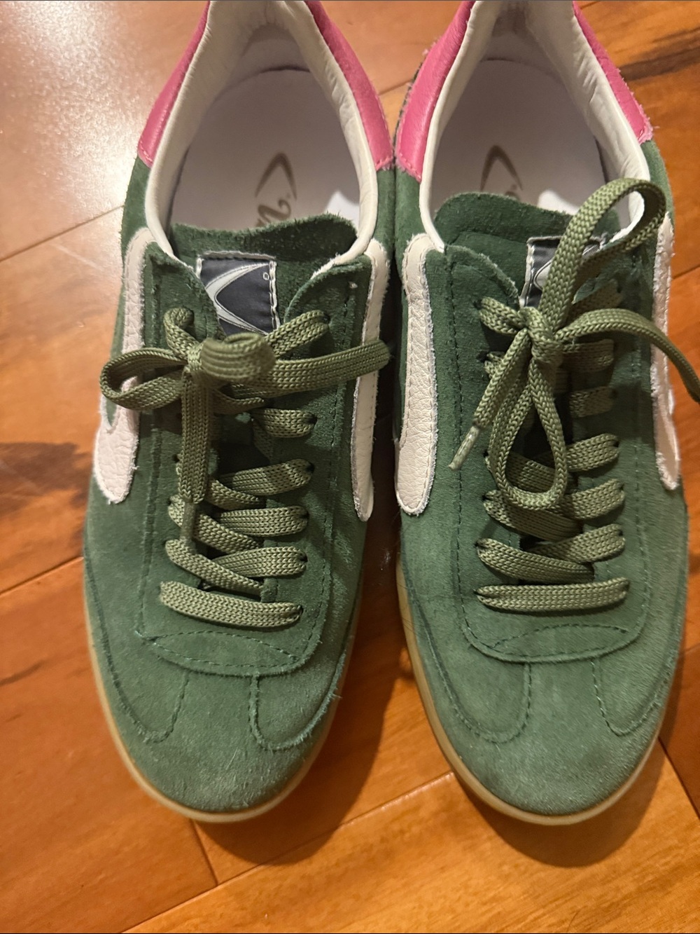 Green Suede Women's Sneakers with Pink Accent - Casual Athletic Style